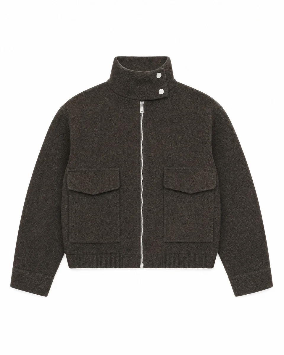 BROWN WOOL JACKET WITH A HIGH COLLAR - 1