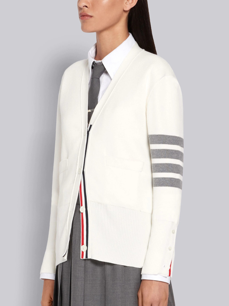 Thom Browne White Cotton Crepe V-Neck 4-Bar Cardigan outlook