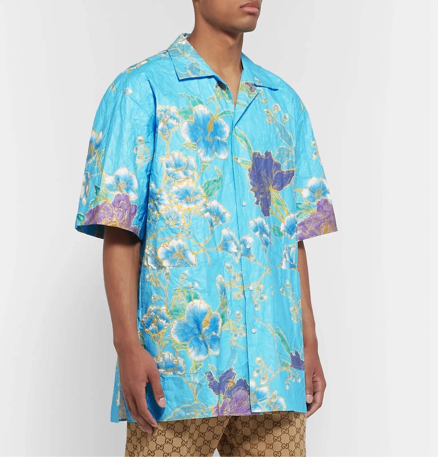 Oversized Camp-Collar Printed Paper-Effect Crinkled-Shell Shirt - 4