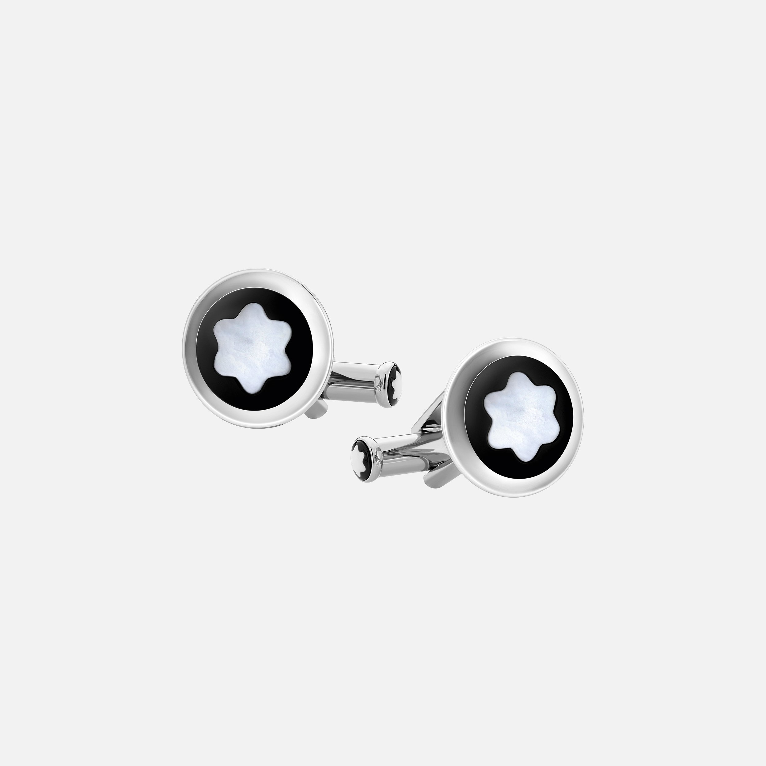 Cufflinks, round in stainless steel with black PVD inlay and mother-of-pearl snowcap emblem - 1