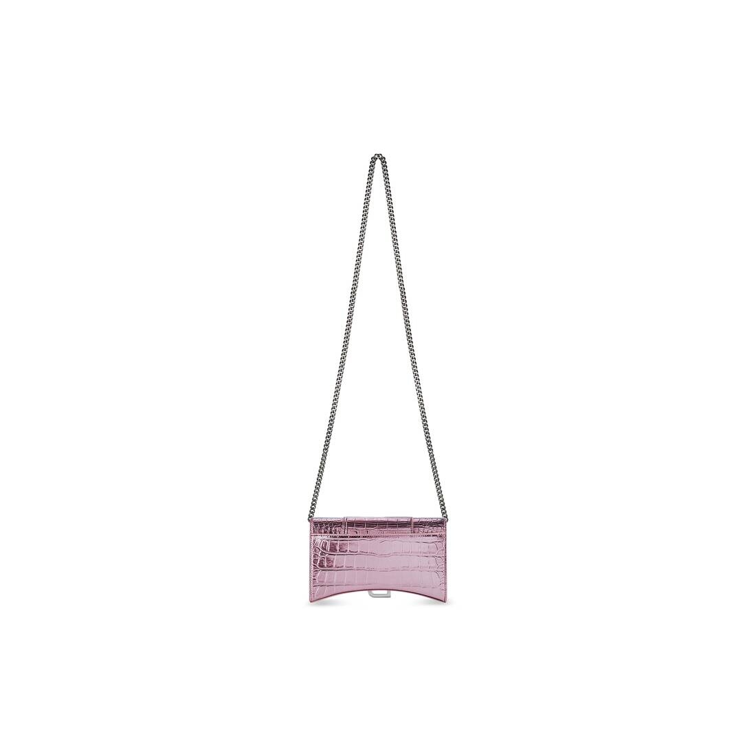 Women's Hourglass Wallet With Chain Metallized Crocodile Embossed in Pink - 4