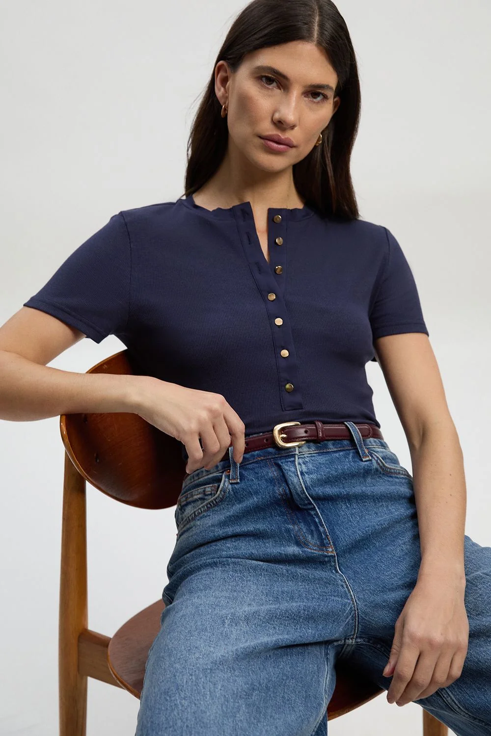 Petite Viscose Rib Button Up Crew Neck Tshirt - 1