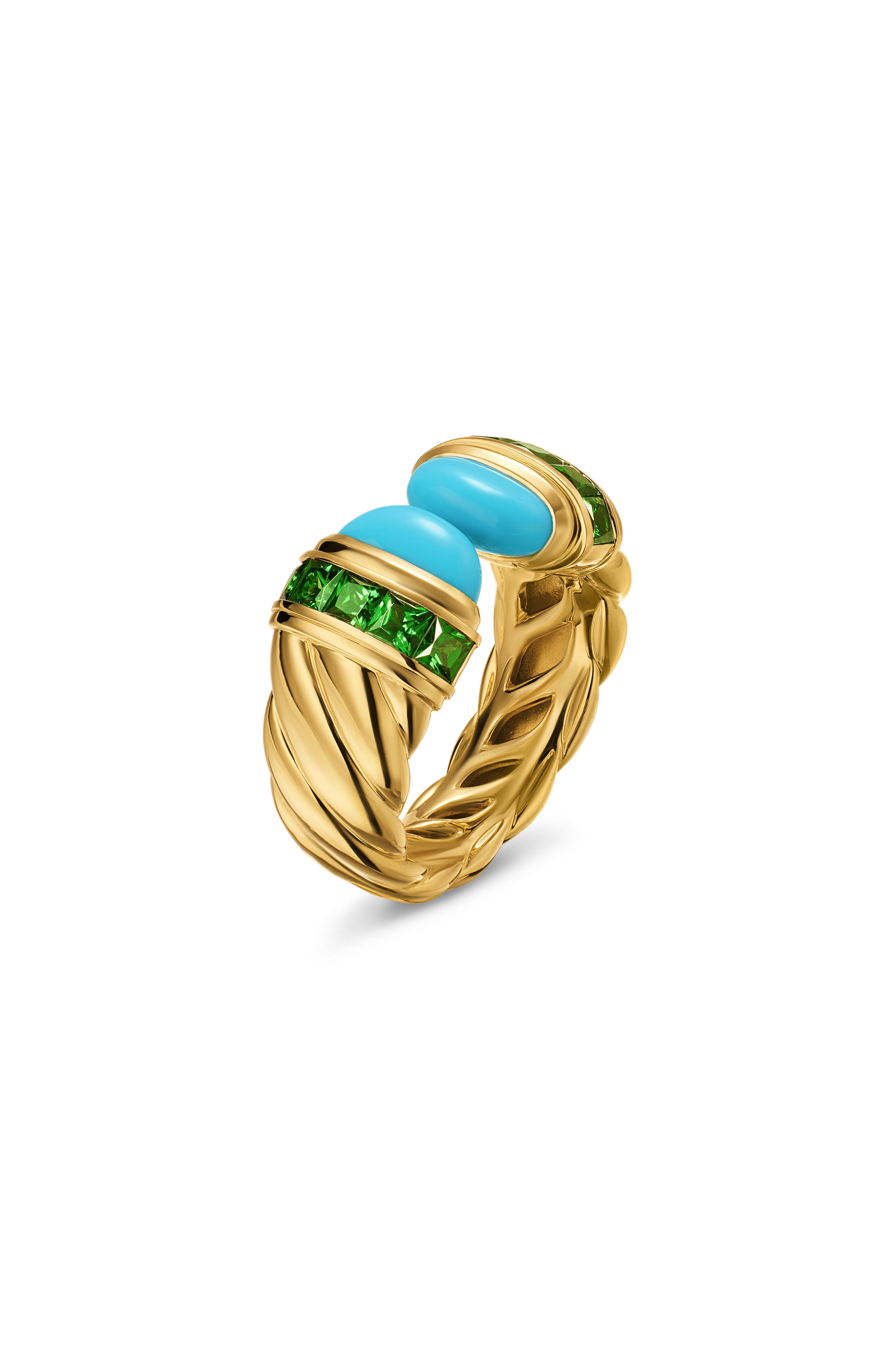 David Yurman Sculpted Cable Open Cocktail Ring in 18K Yellow Gold with Turquoise and Tsavorites, 12. - 3