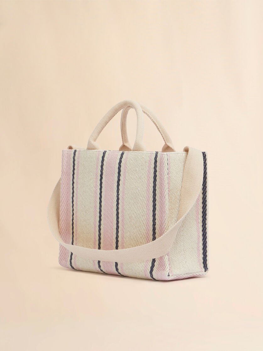 CREAM PINK AND BLUE STRIPED RAFFIA-EFFECT SMALL TOTE BAG. - 2