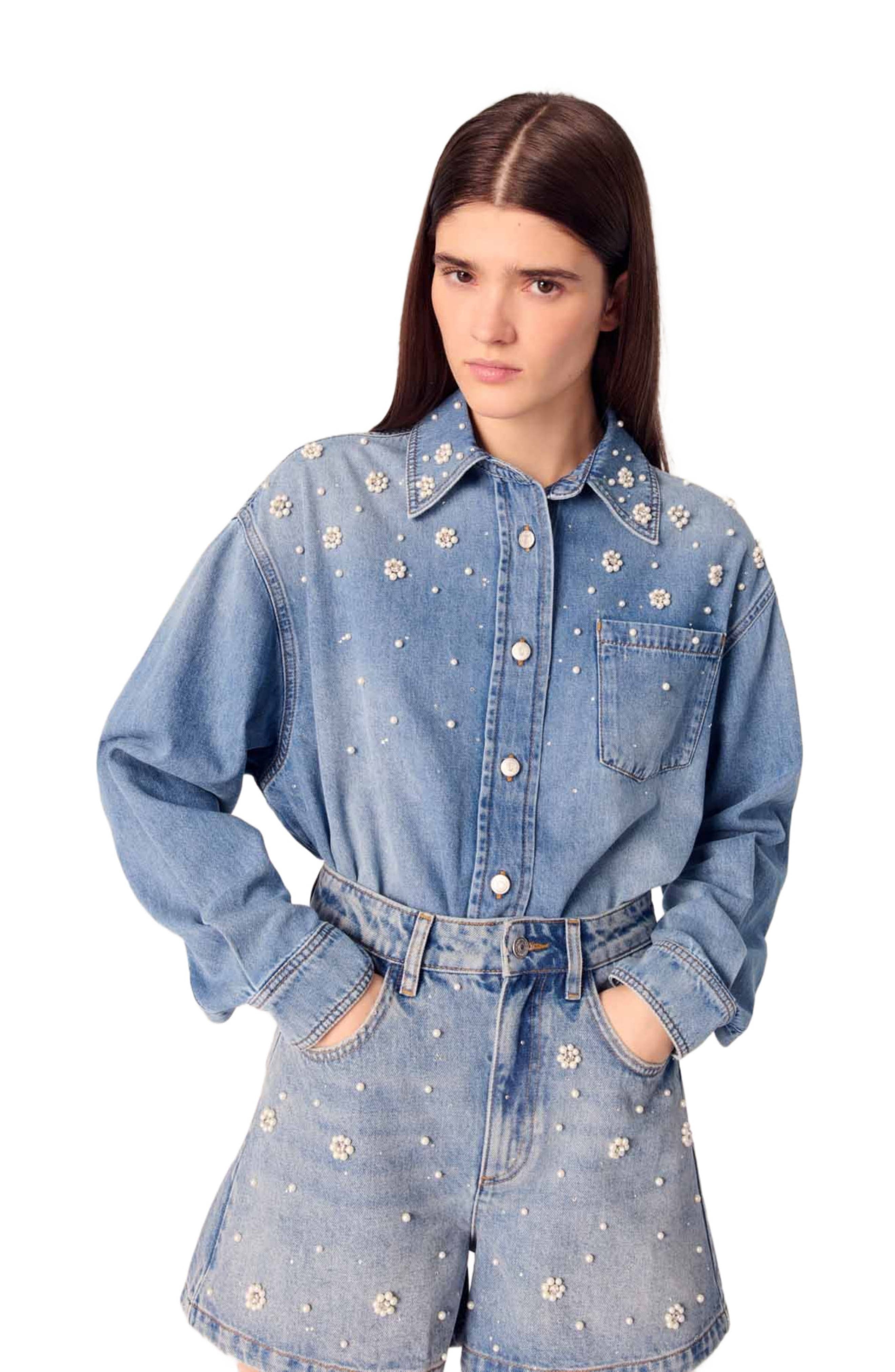 maje Denim shorts with embroidered beads in Blue at Nordstrom - 5