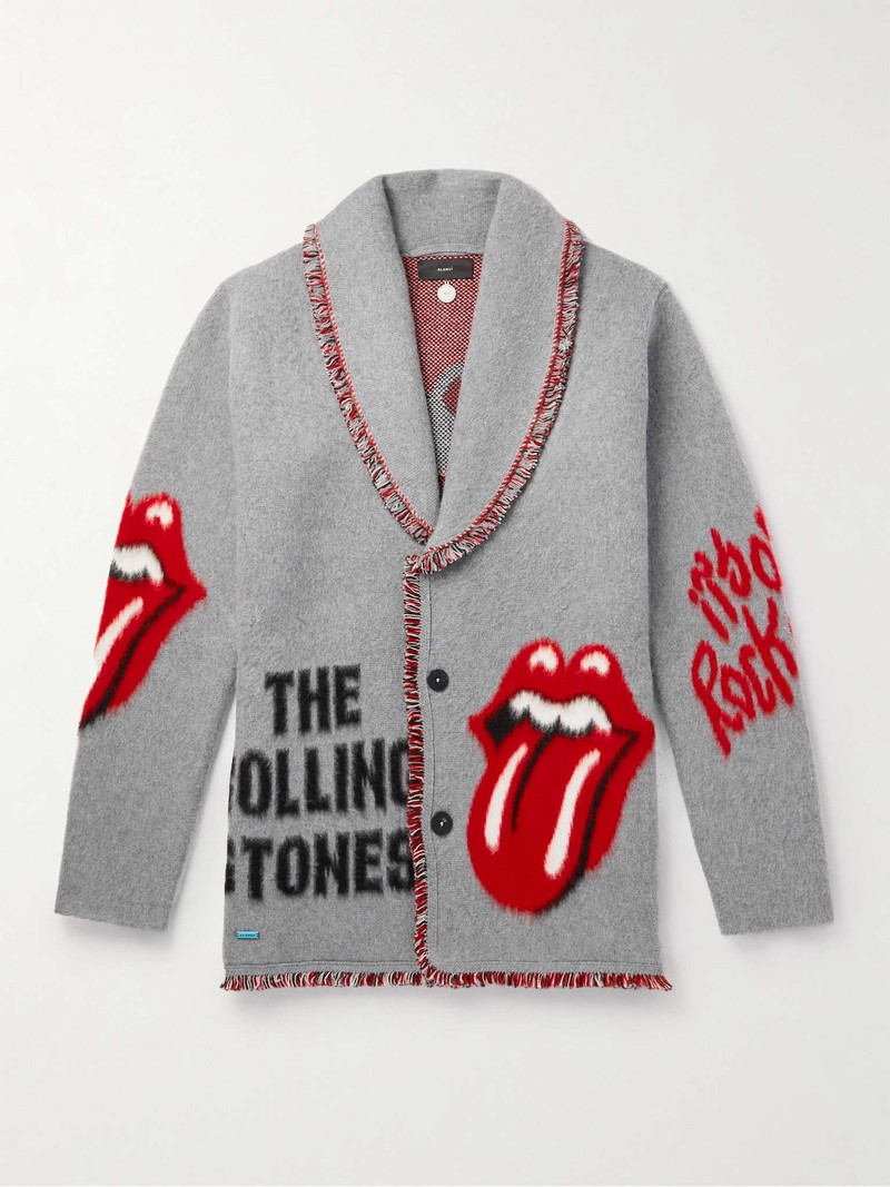 + The Rolling Stones Shawl-Collar Fringed Virgin Wool Jacquard Cardigan 1