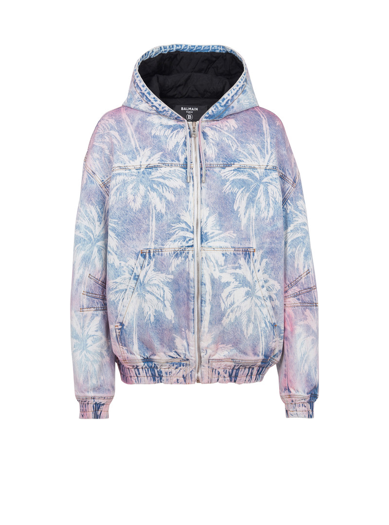 Denim hooded bomber jacket with palm tree print 1