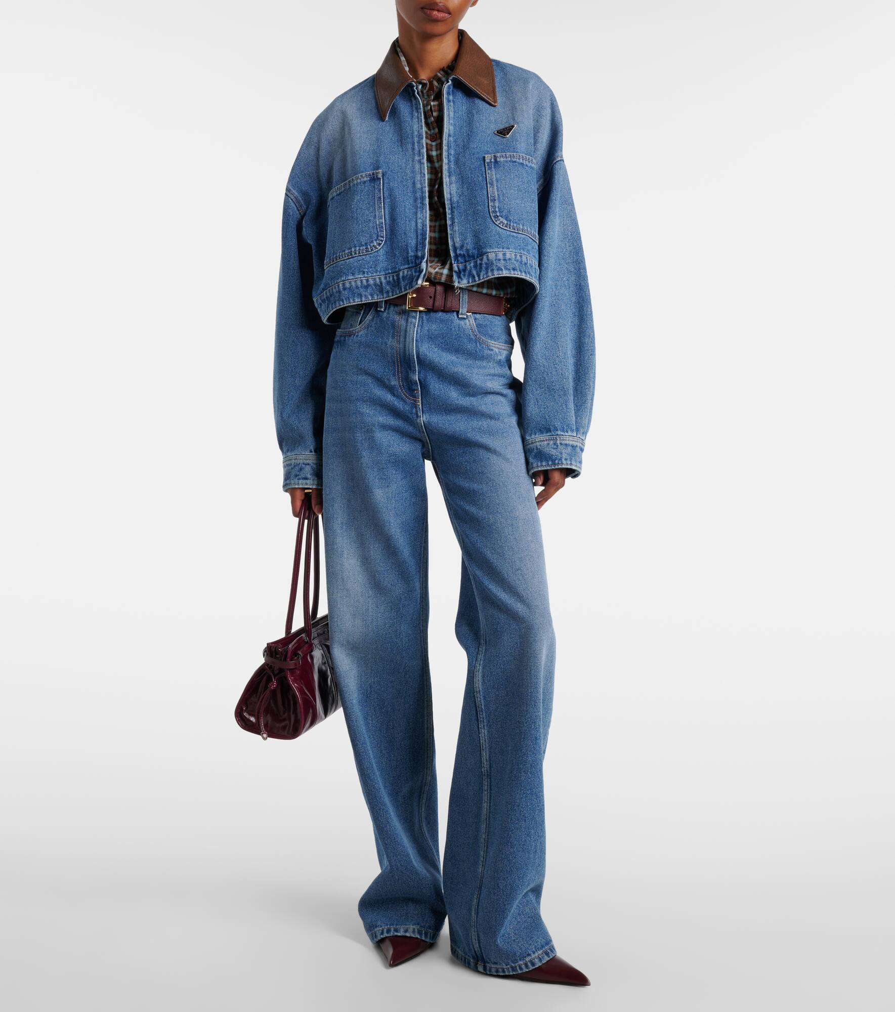 Leather-trimmed cropped denim jacket - 2