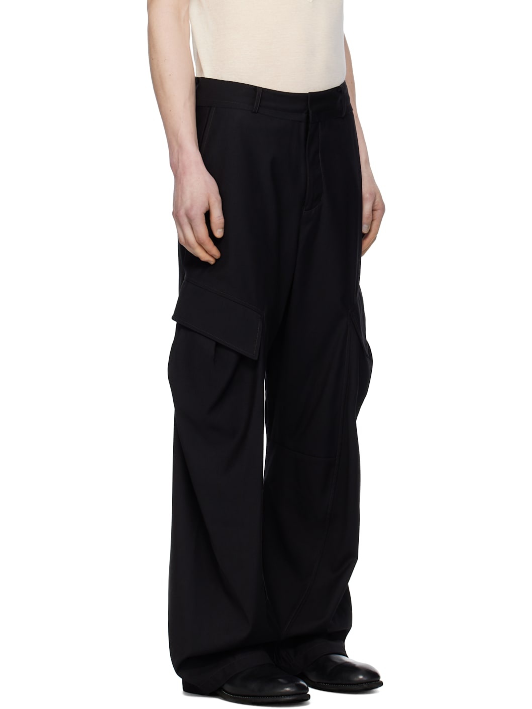 Black Curved Raw Edge Cargo Pants - 2