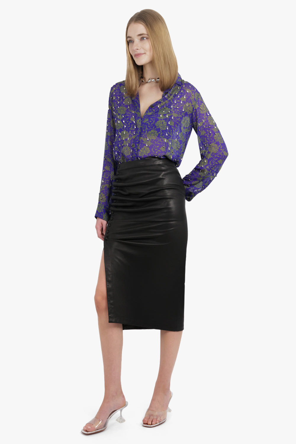 CHOWY FLORAL PRINT EMBELLISHED L/S SHIRT | PURPLE/GREEN - 4