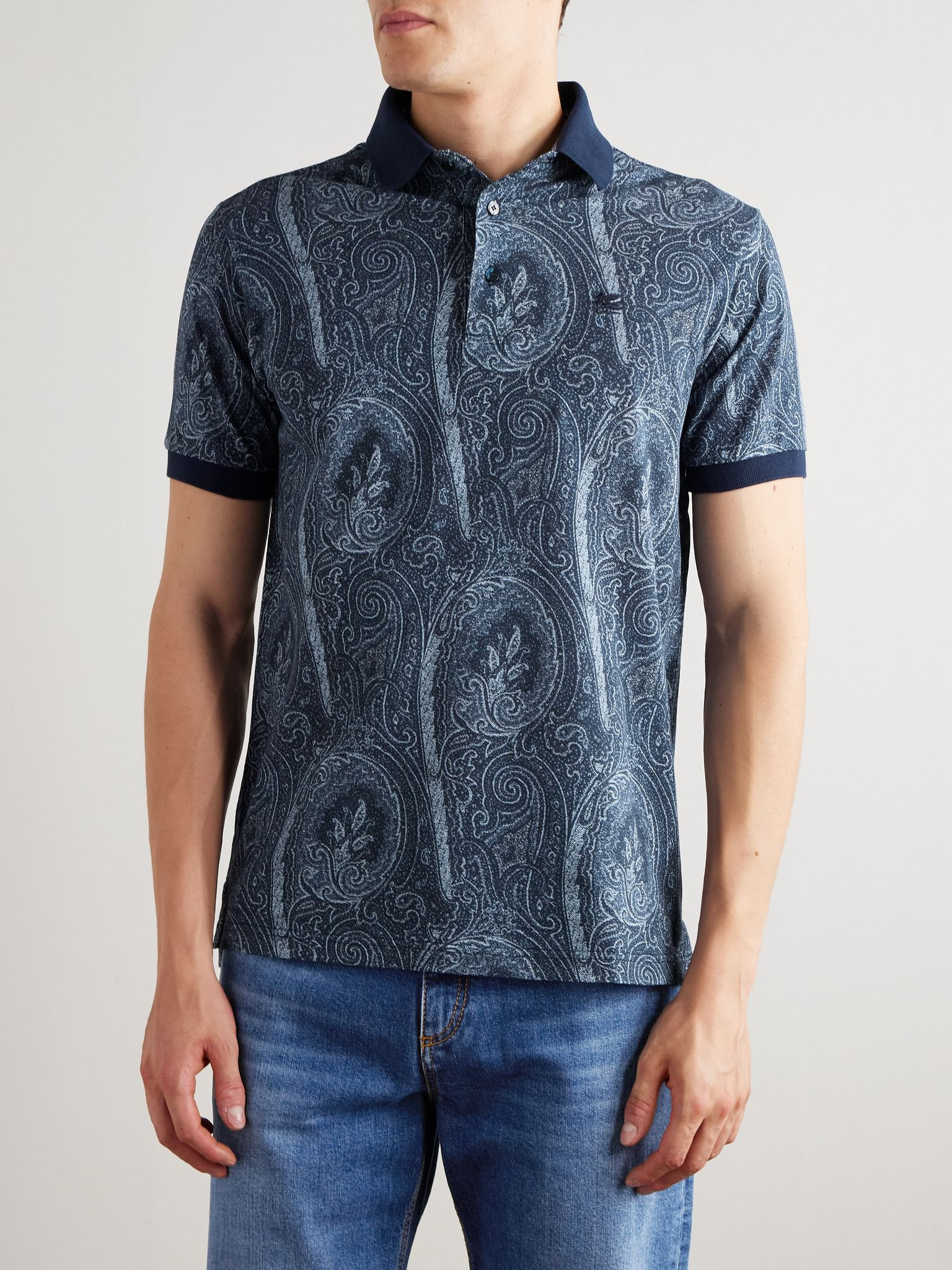 Roma Slim-Fit Logo-Embroidered Paisley-Print Cotton-Piqué Polo Shirt Blue - 3