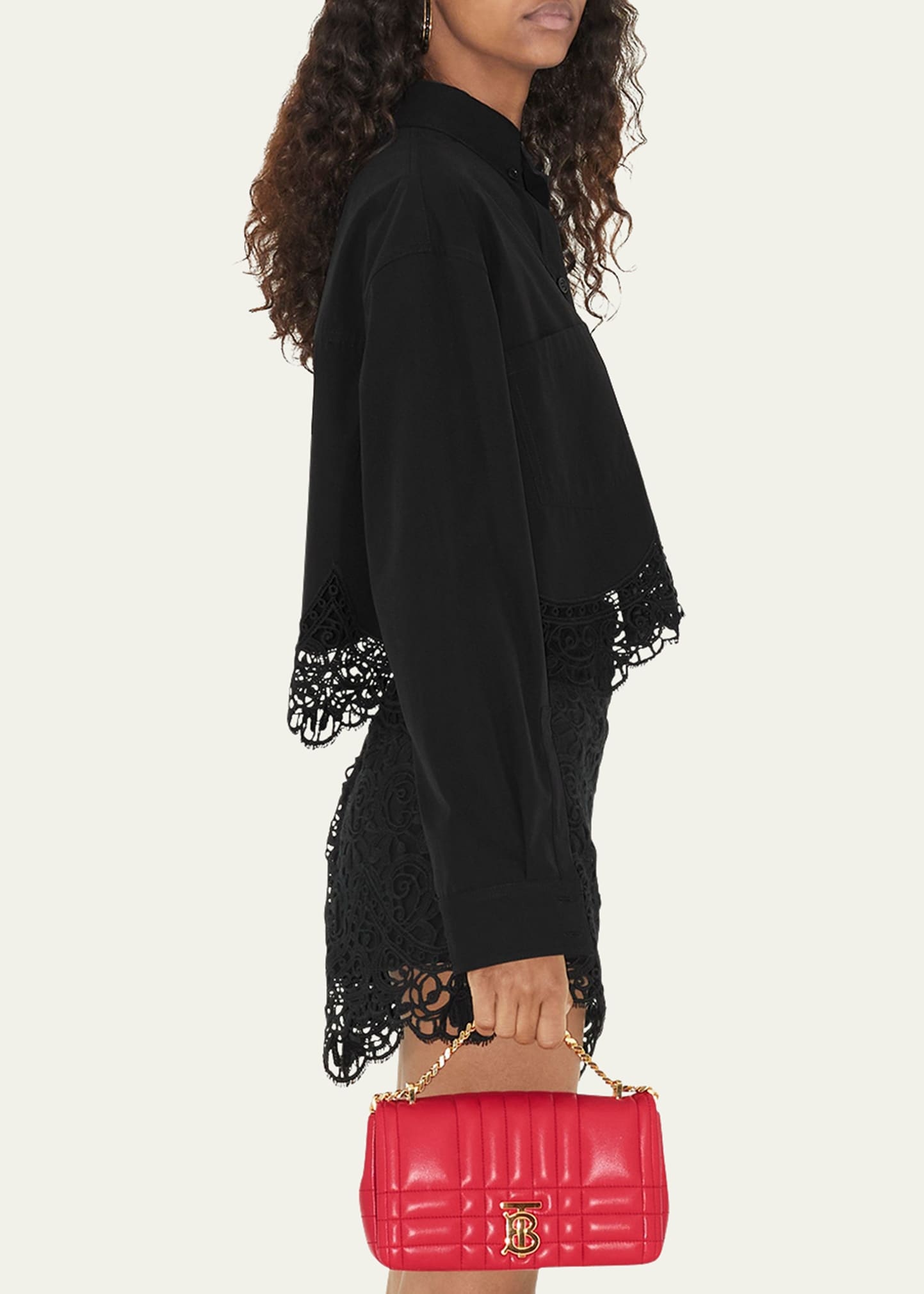 Cropped Button-Front Blouse with Lace Trim - 4