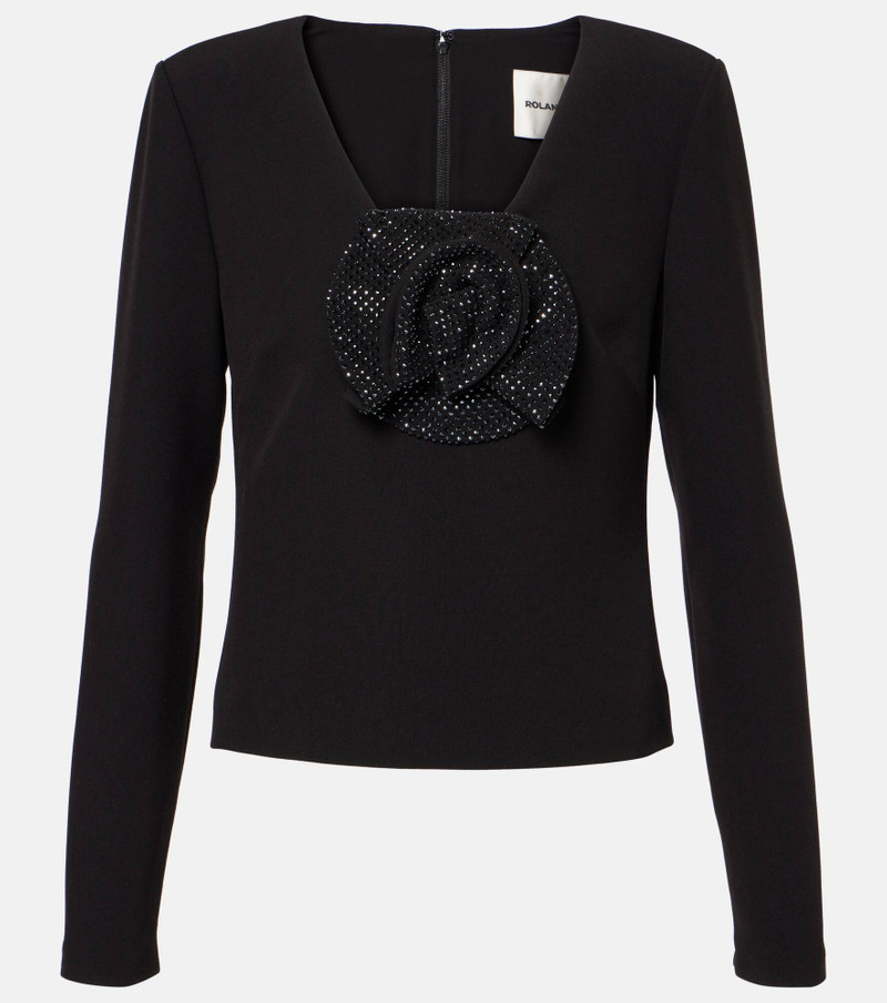 Floral-appliqué embellished crêpe top - 1