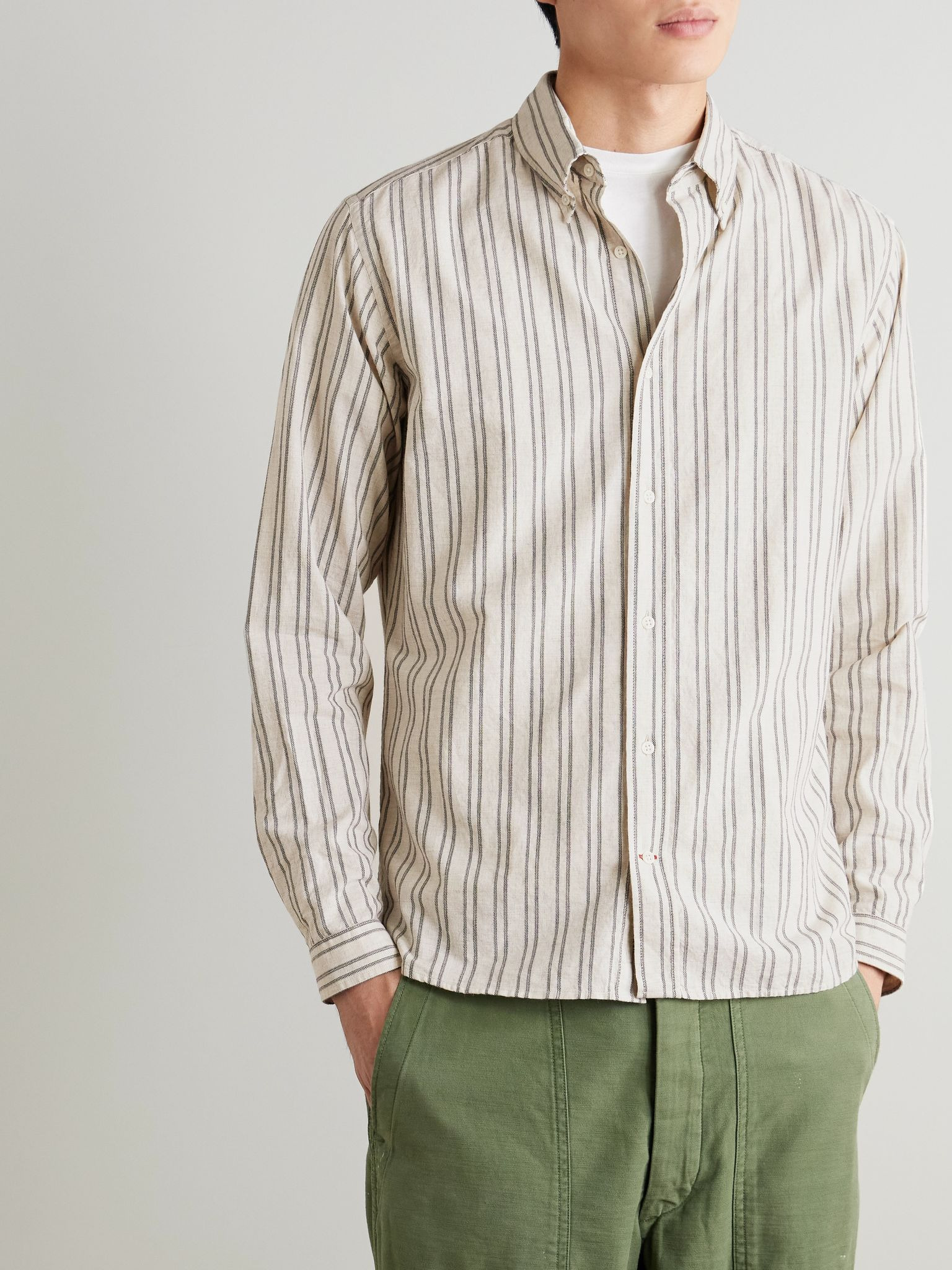 Brook Button-Down Collar Striped Cotton Shirt Beige - 3