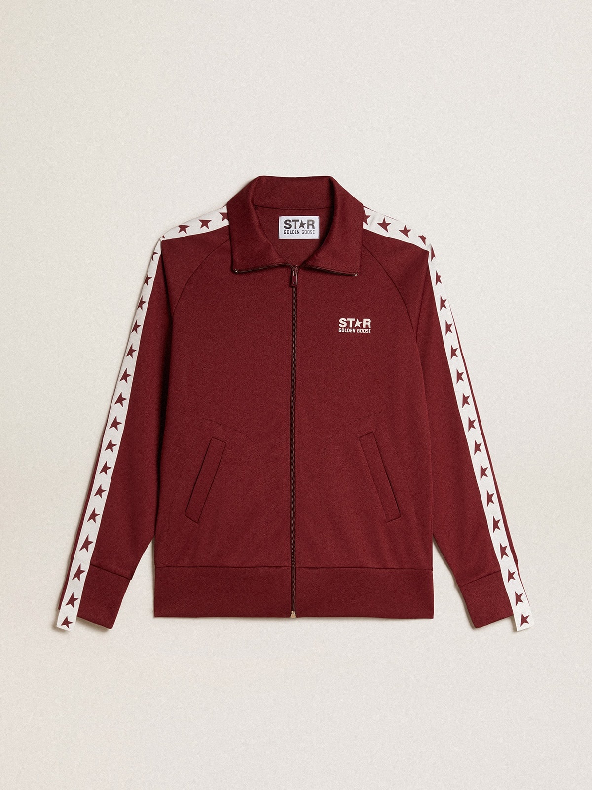 Women’s burgundy zipped sweatshirt with white strip and contrasting stars - 1