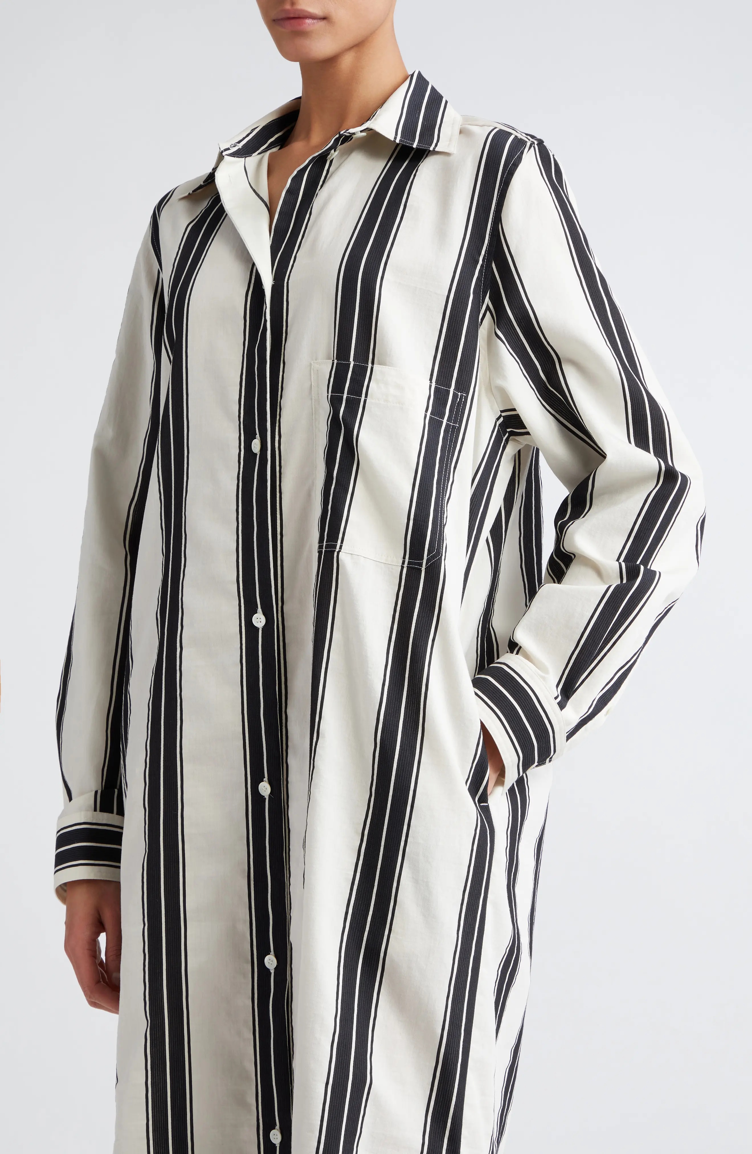 Jacquard Stripe Long Sleeve Midi Shirtdress in Black/White - 4