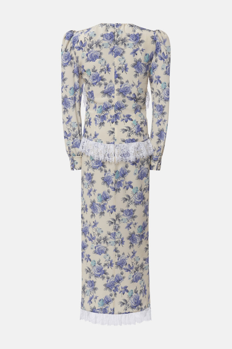 Alessandra Rich ROSE PRINT SILK DRESS WITH LACE RUFFLE AND BOW outlook