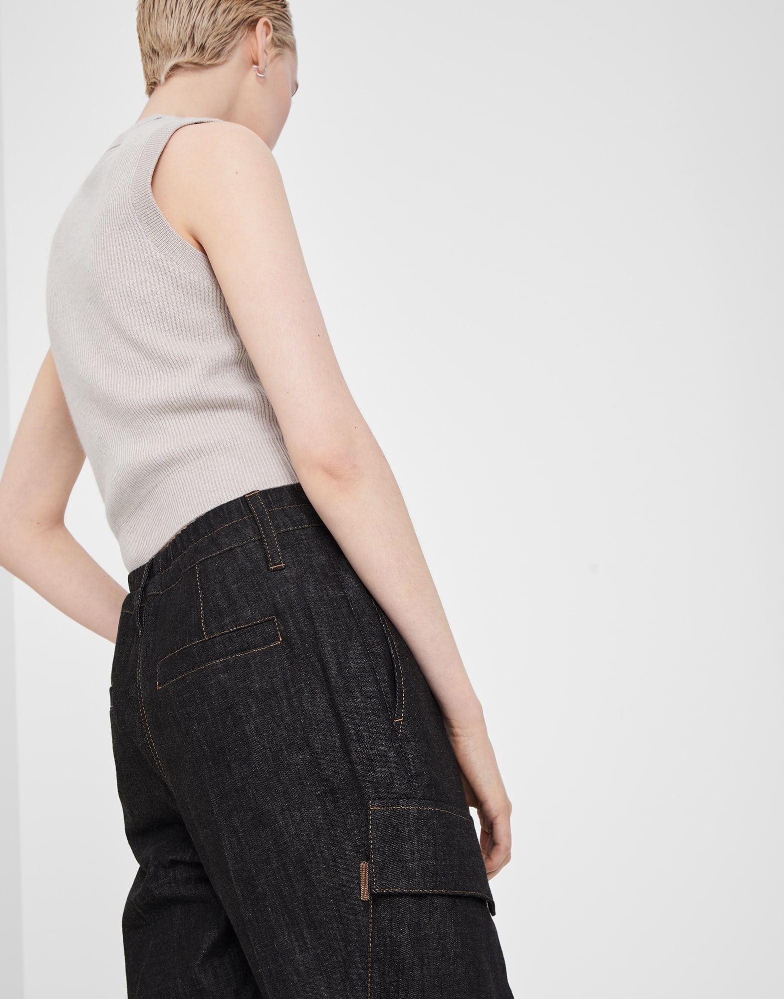 Dark polished denim baggy utility trousers with drawstring and shiny tab - 3