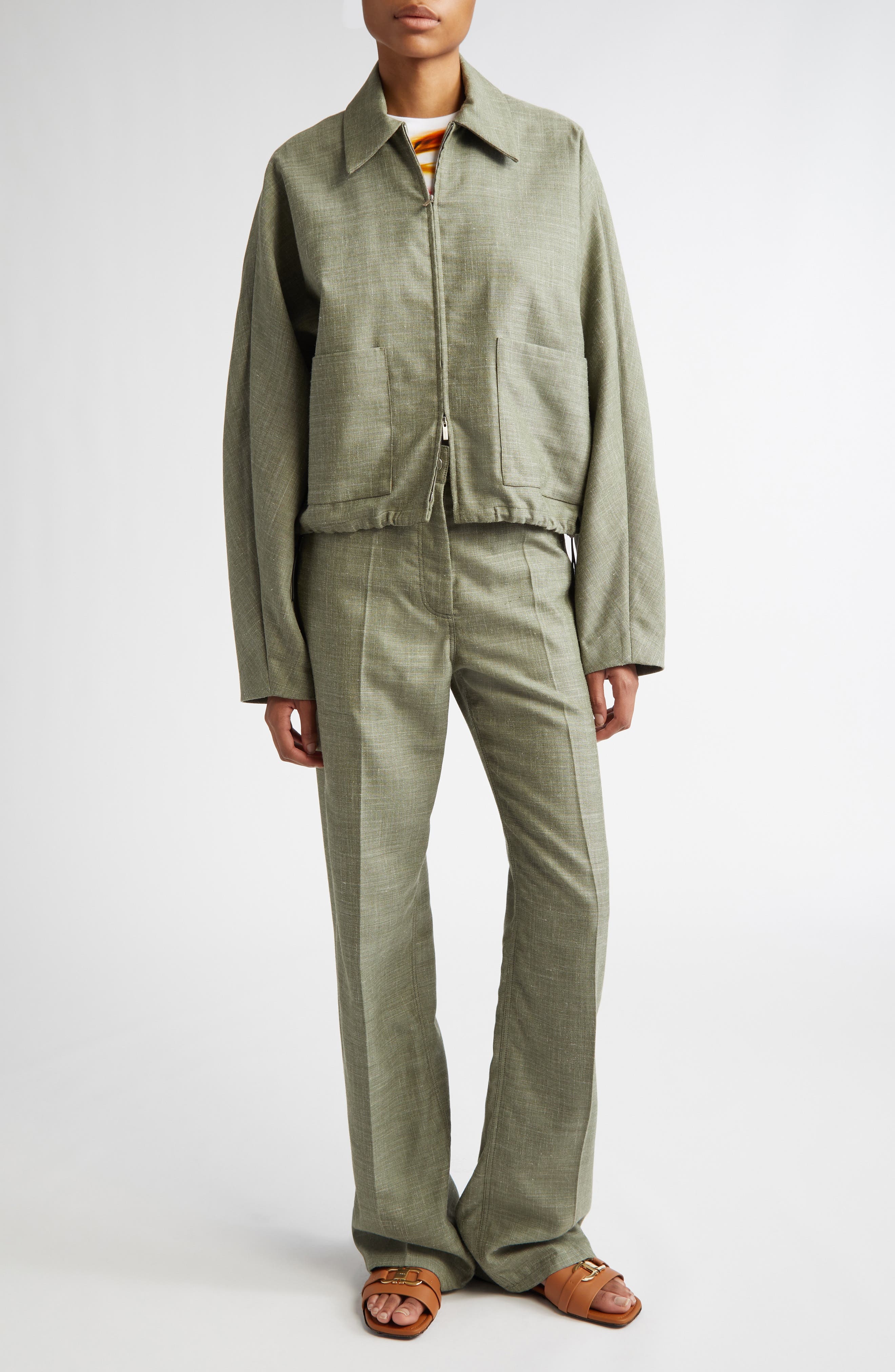 FERRAGAMO Patch Pocket Virgin Wool & Silk Blend Jacket in Olive/White at Nordstrom - 2