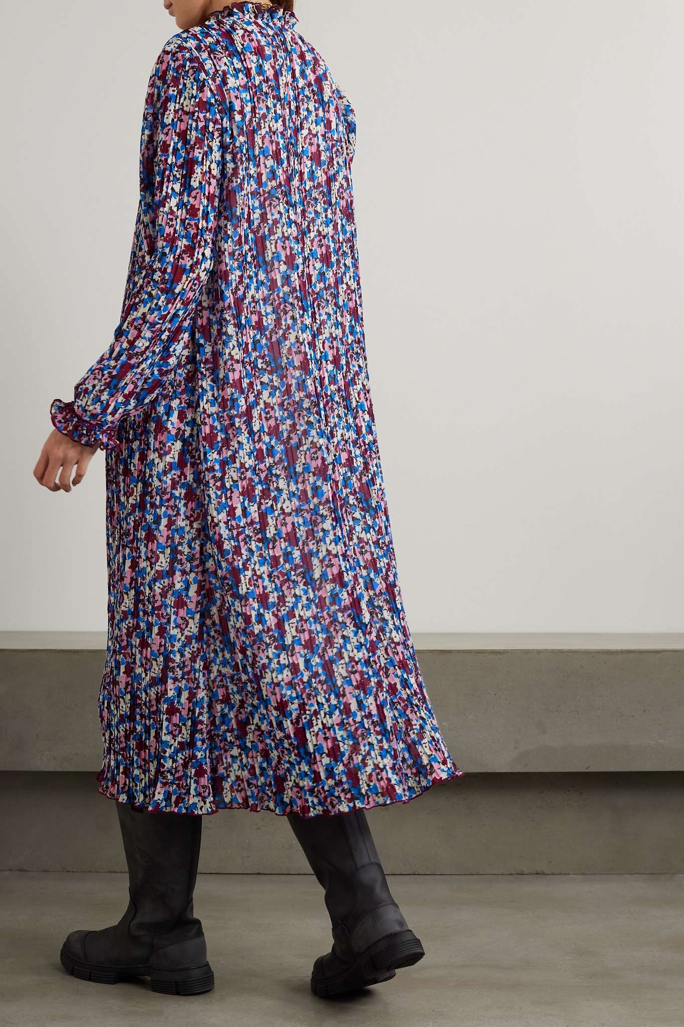Ruffled pleated floral-print recycled-georgette midi dress - 4