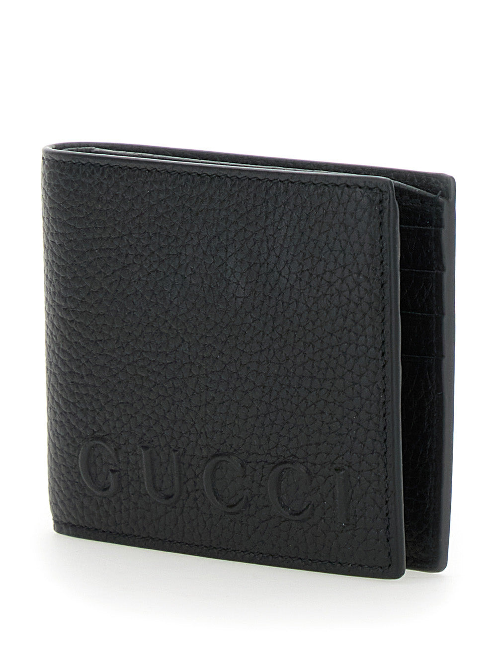 Gucci Men Black Bi-Fold Wallet With Embossed Logo Lettering On The Front In Grained Leather Man - 2