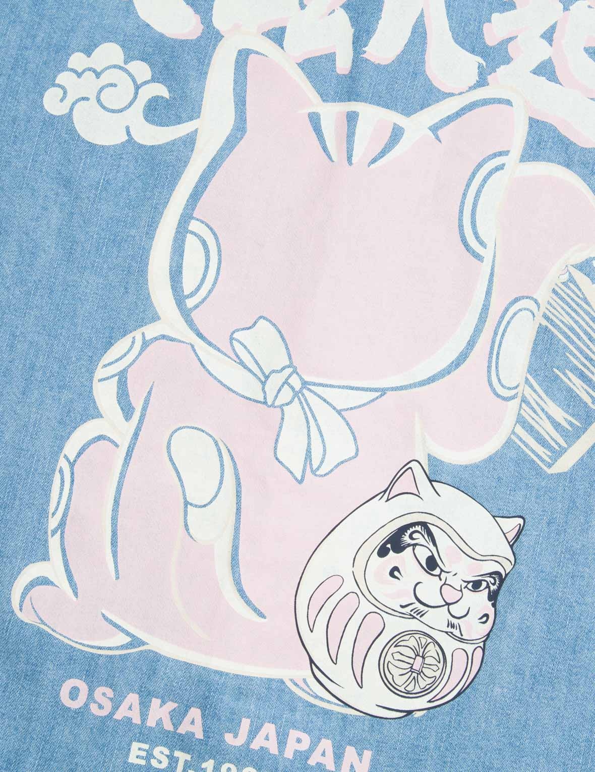 FORTUNE CAT WITH DARUMA PRINT DENIM SHIRT - 12