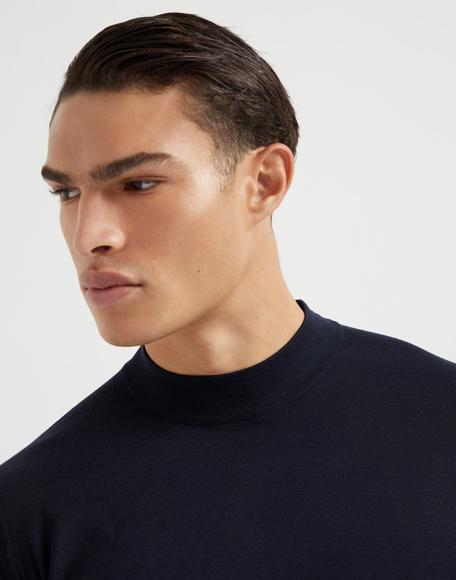 Extra-light silk and cotton knit T-shirt with mock neck - 3