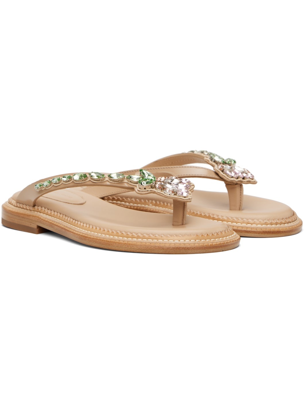 Beige Embellished Flower Flip-Flops - 4