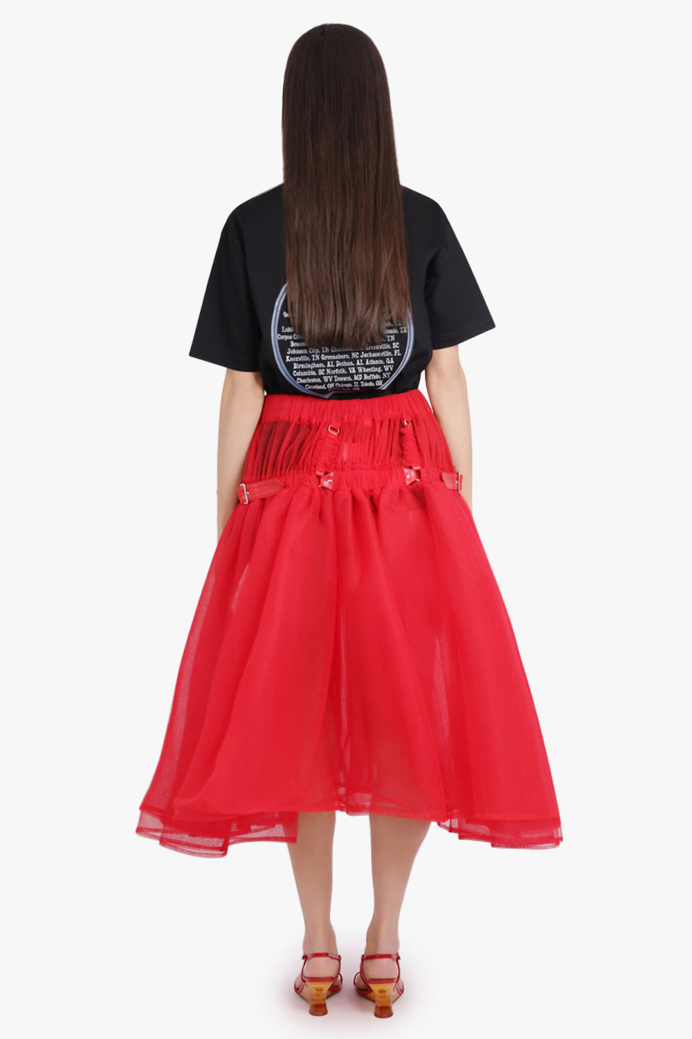 LAYERED TULLE GARTER BELTED MIDI SKIRT | RED - 5