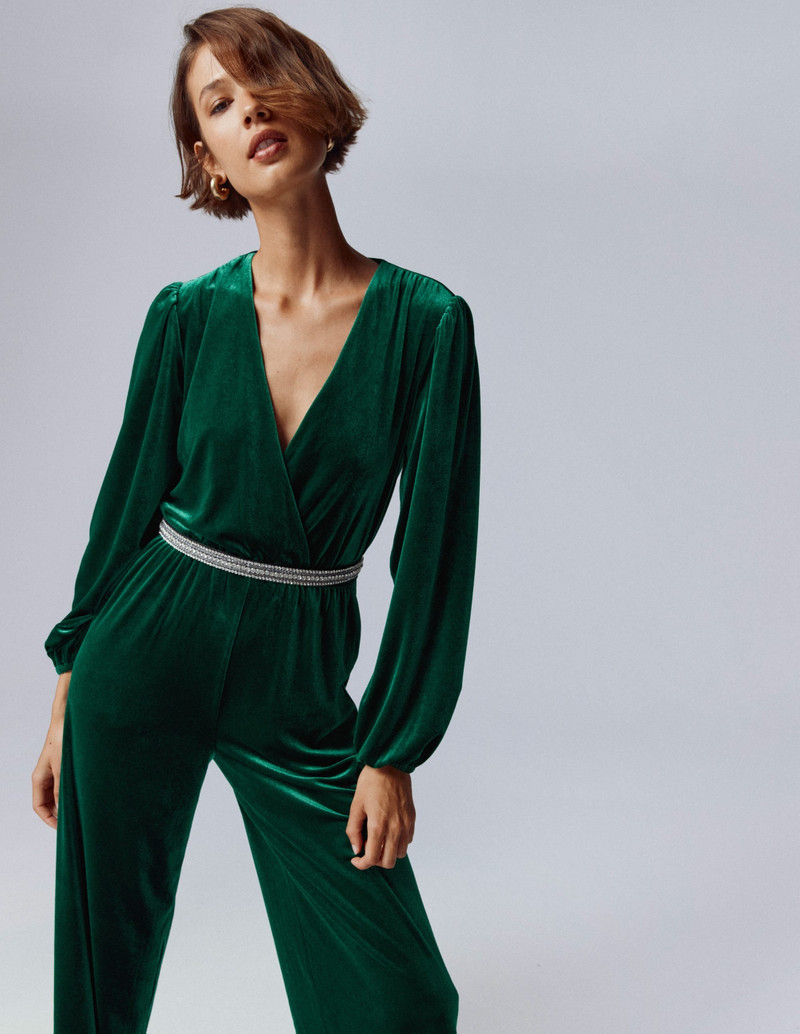 Jersey Velvet Wrap Jumpsuit-Emerald Night 6
