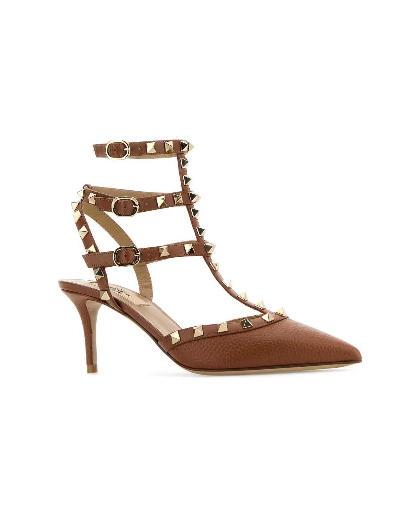 Brown Leather Rockstud Pumps - 2