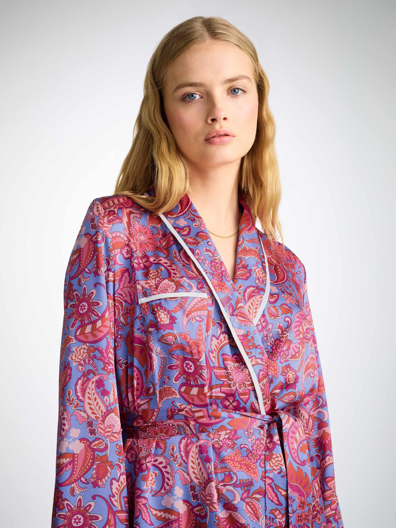 Derek Rose Women's Long Robe Silk Satin Amethyst Jungle Paisley Pattern outlook