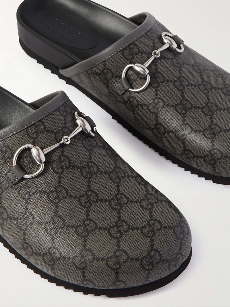 Horsebit-Detailed Leather-Trimmed Monogrammed Coated-Canvas Sandals 6