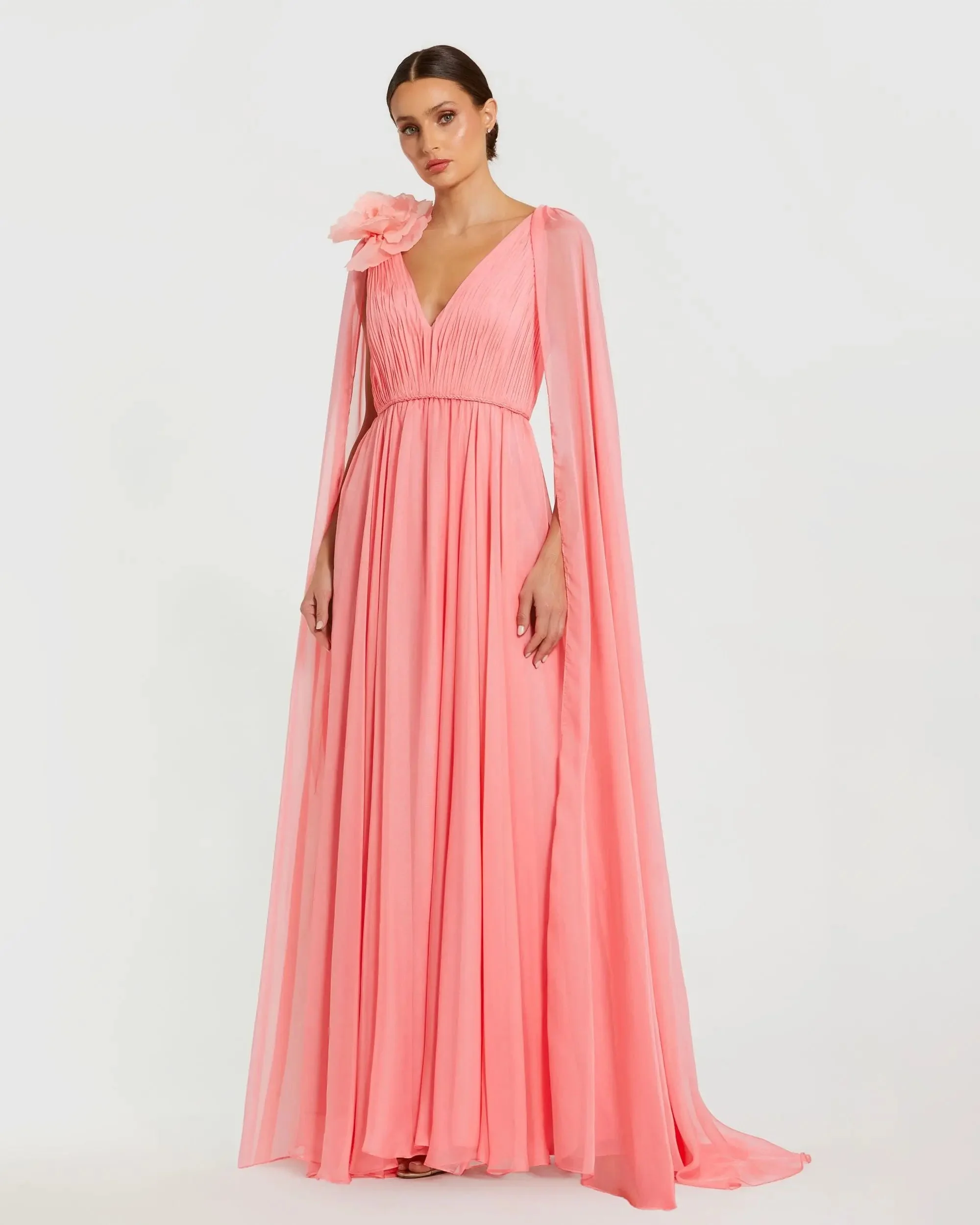 Pink Chiffon V-Neck Gown With Cape Sleeves - 1