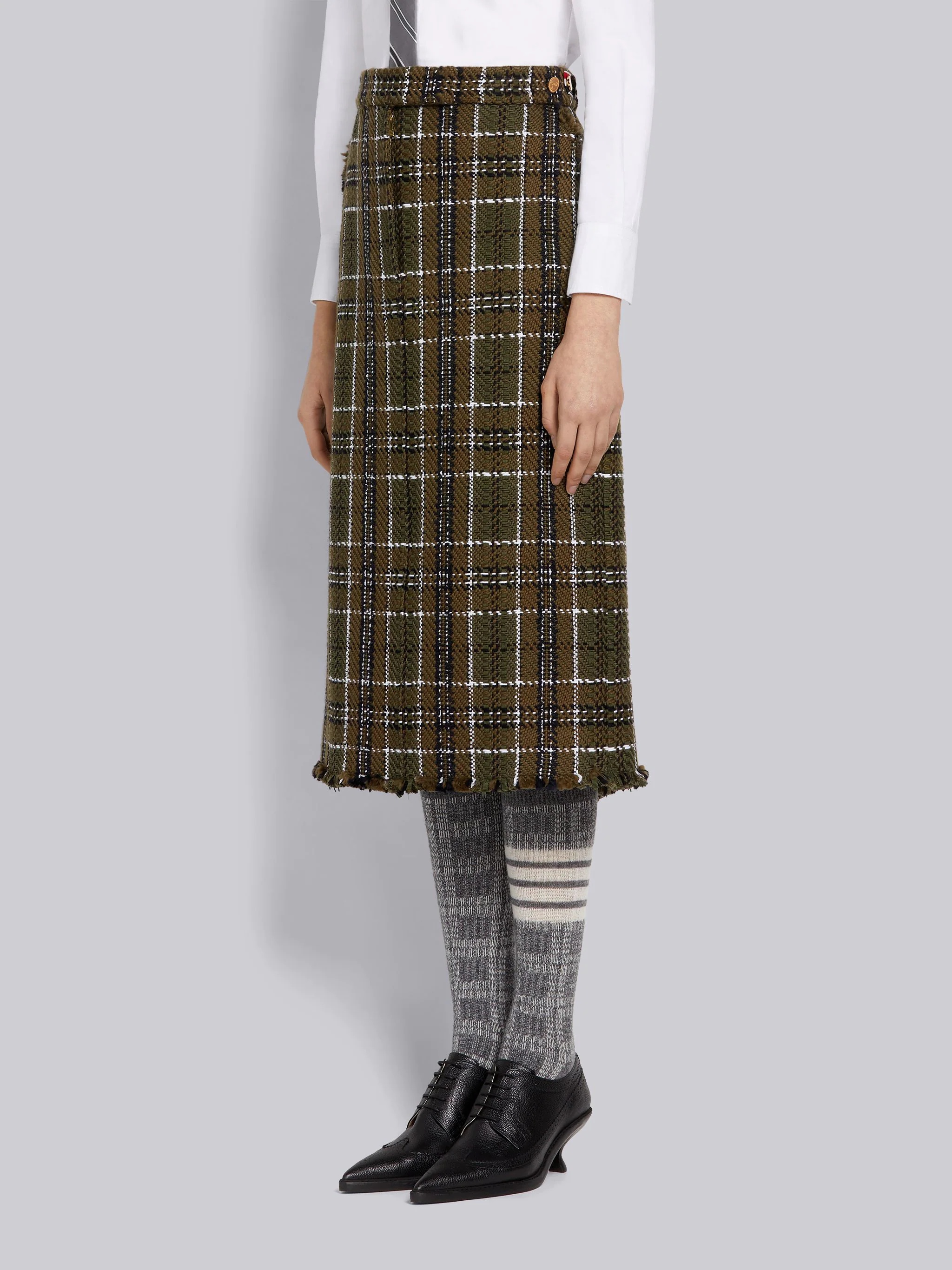 Dark Green Tartan Check Tweed Frayed Below-the-Knee Sack Skirt - 2