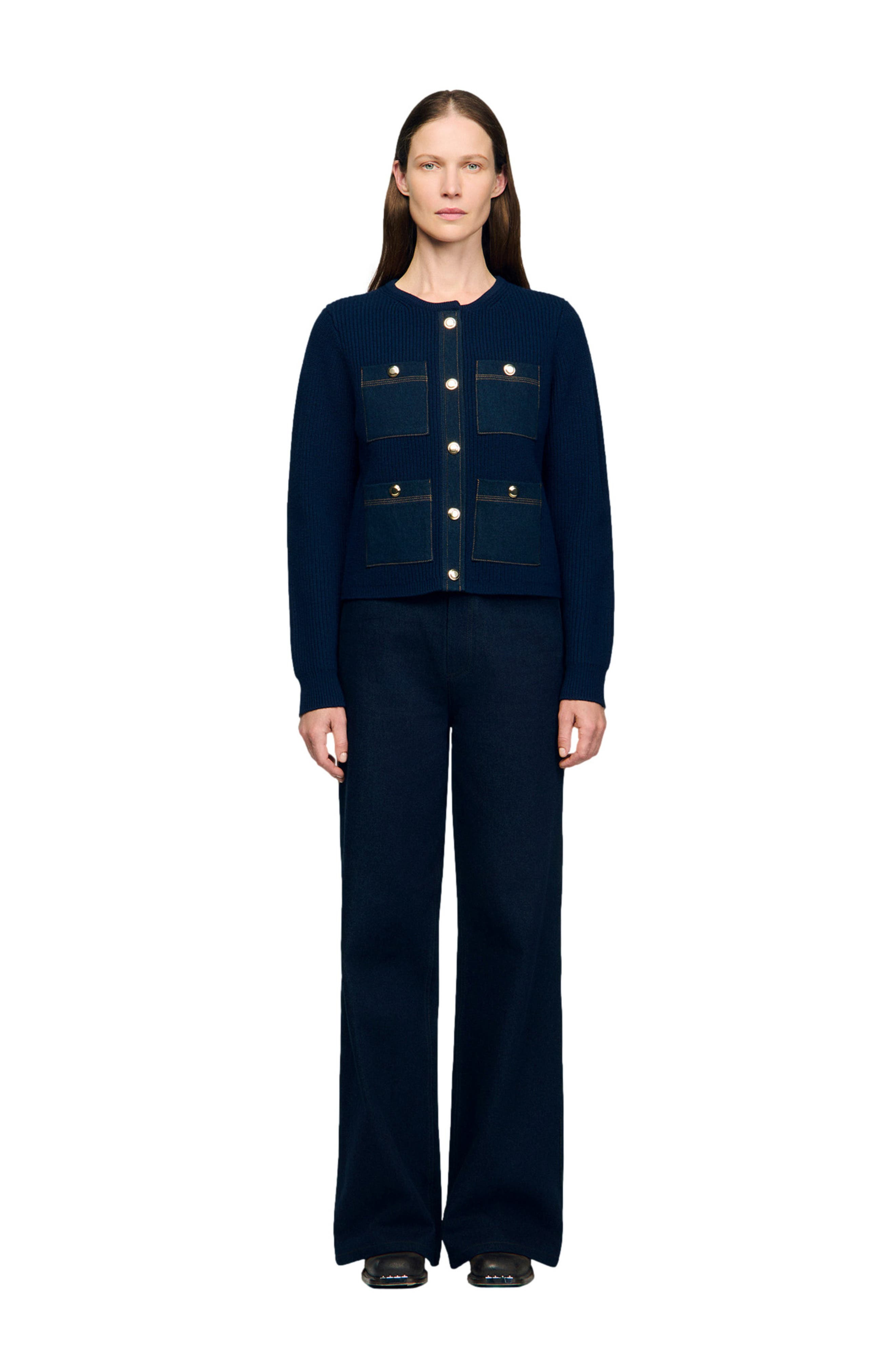 SANDRO Cardigan with denim details in Navy Blue at Nordstrom - 3