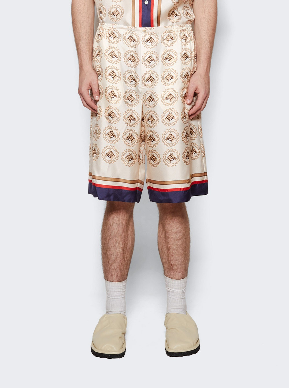 Silk Twill Equestrian Print Shorts Ivory and Gold - 3