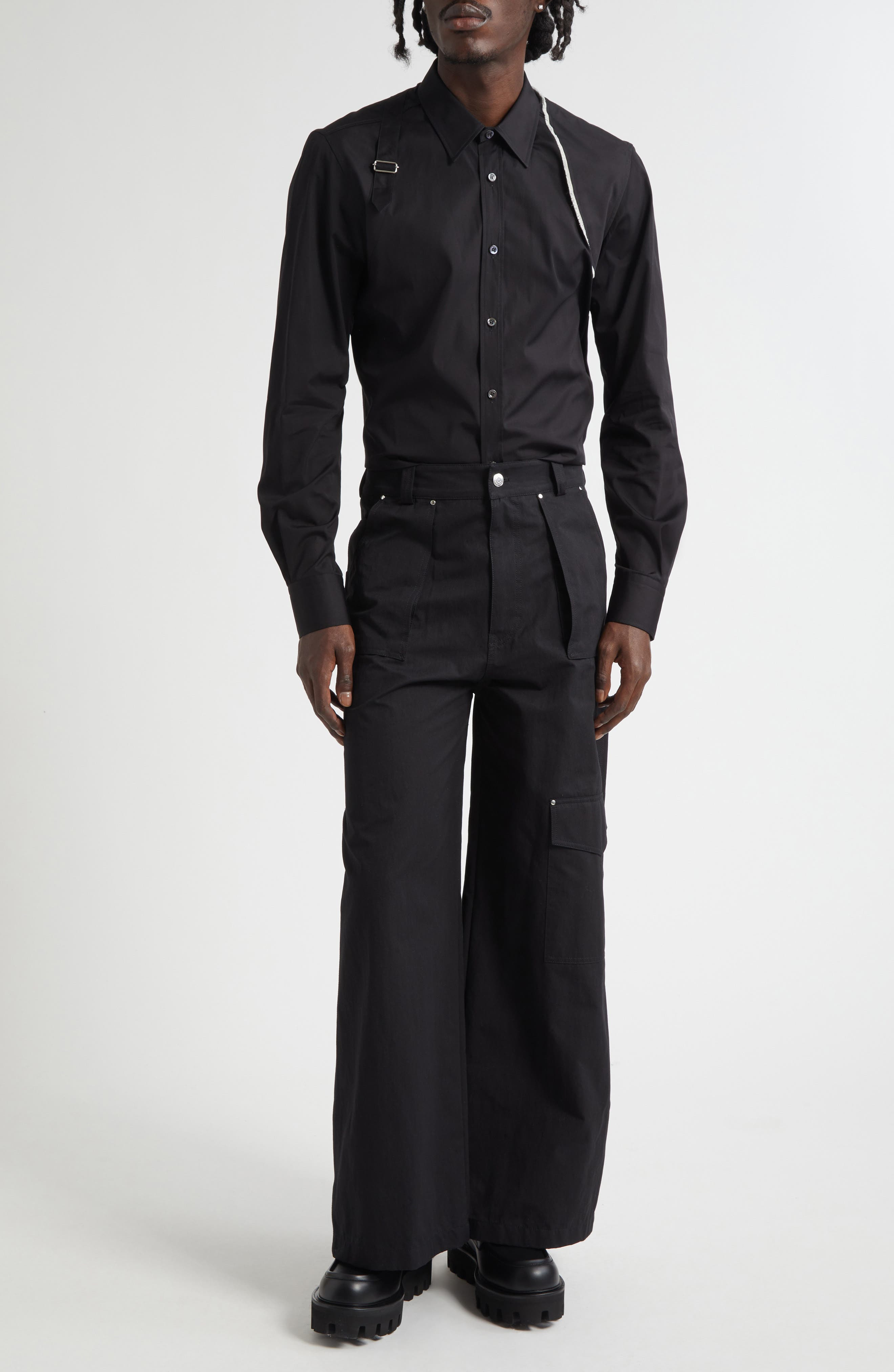 McQueen Raw Edge Harness Cotton Popling Button-Up Shirt in Black at Nordstrom - 2