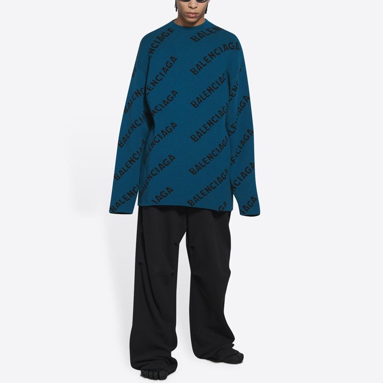 Balenciaga All Over Logo Crewneck Wool Knit Sweater 'Petrol Blue' 657400T15672470 - 3