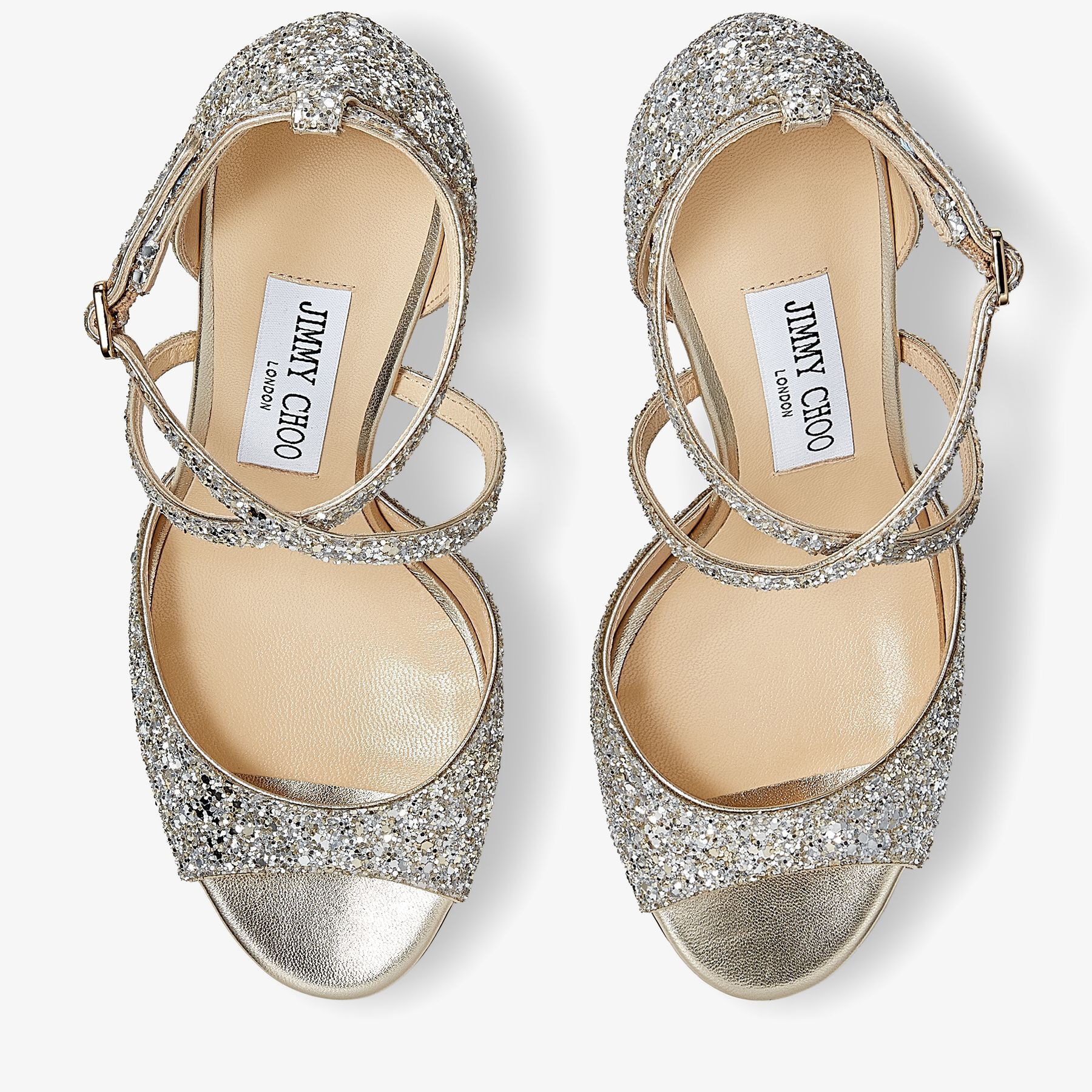 Emsy 85
Champagne Coarse Glitter Fabric Sandals with Crossover Straps - 5