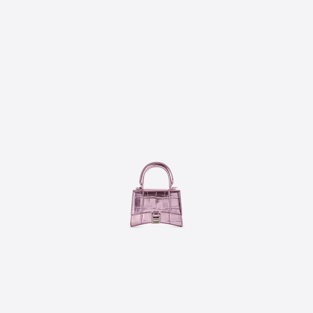 Women's Hourglass Mini Handbag With Chain Metallized Crocodile Embossed in Pink - 1