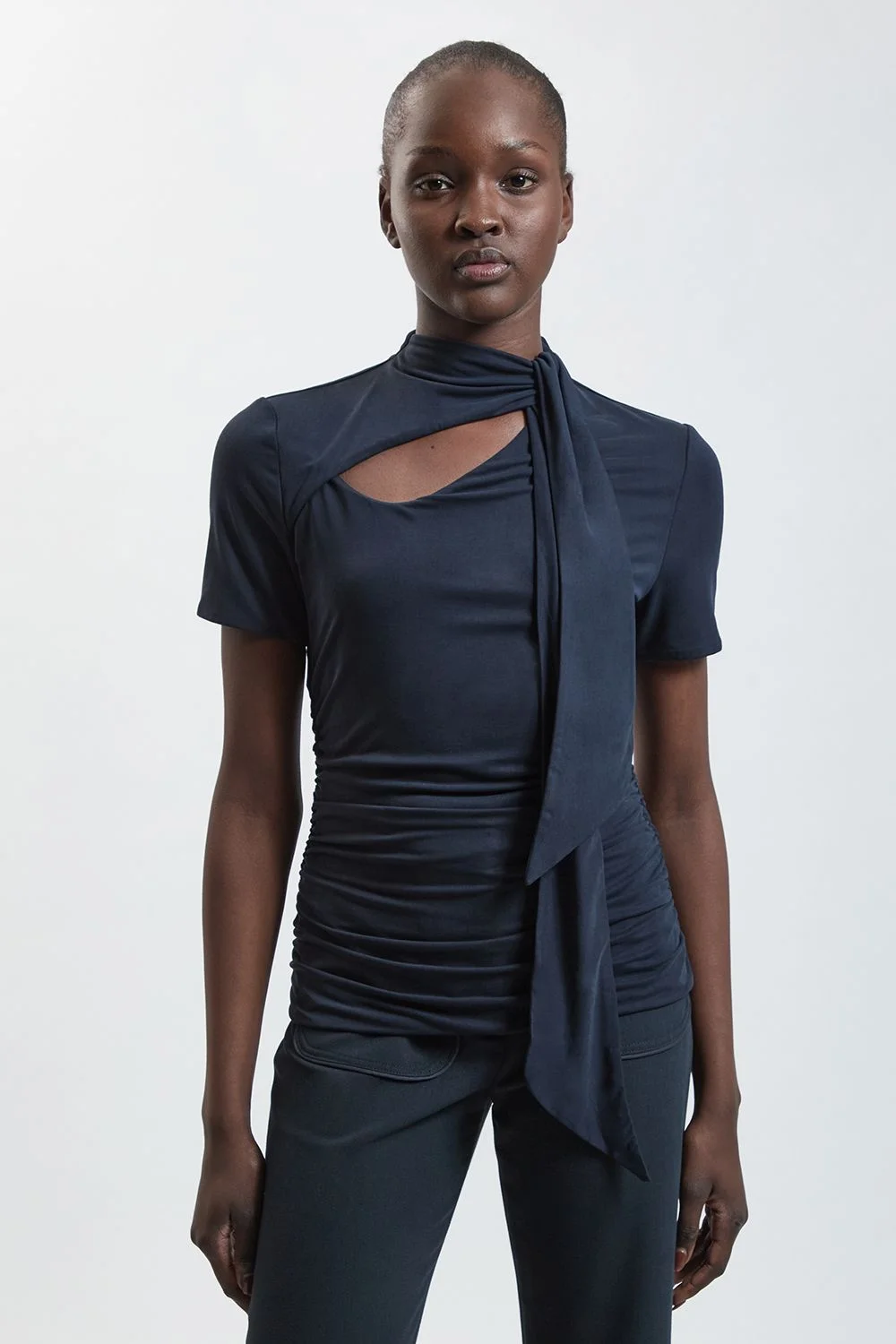 Viscose Blend Tie Neck Detail Jersey Top - 1