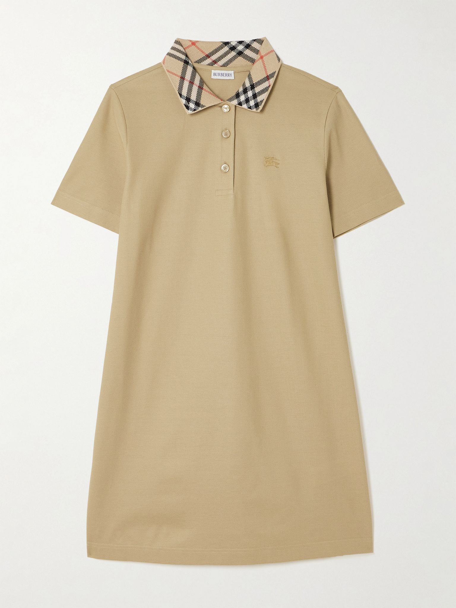 Checked embroidered cotton-piqué mini dress Beige - 1