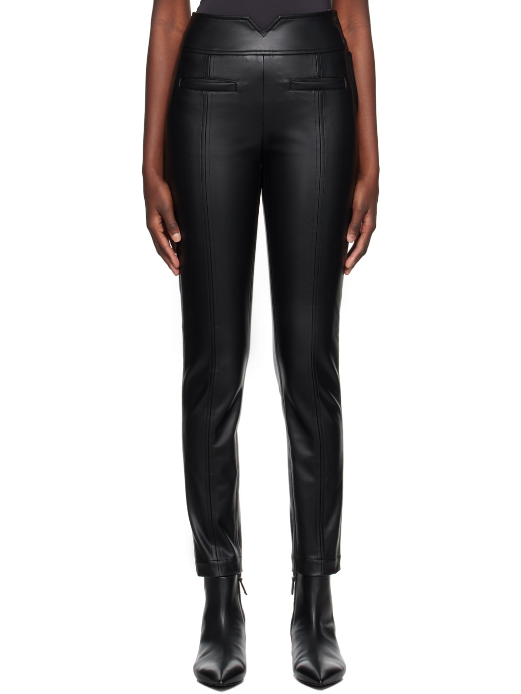 Black Straight Seams Faux-Leather Trousers - 1