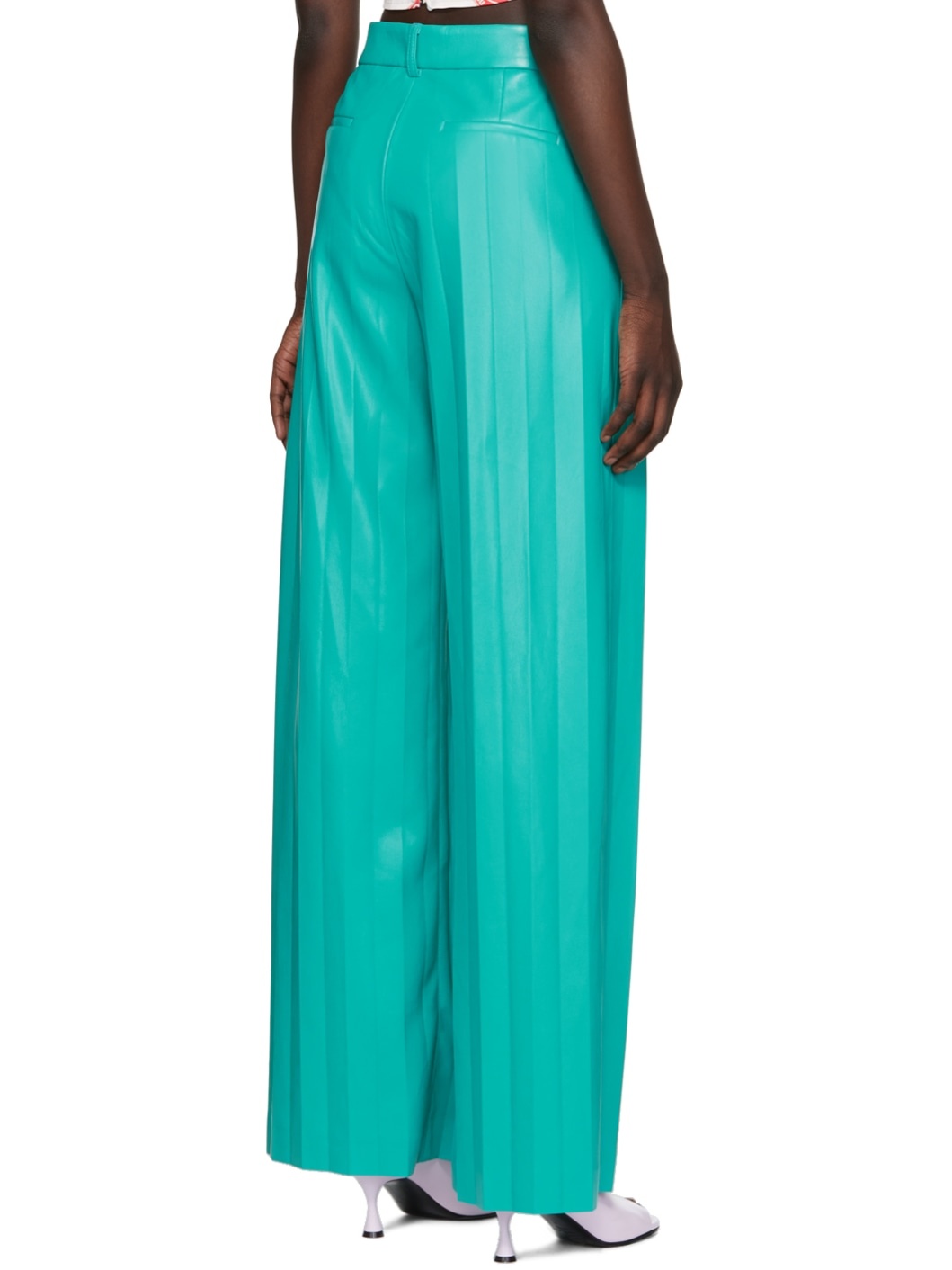 Blue Pleated Faux-Leather Pants - 3