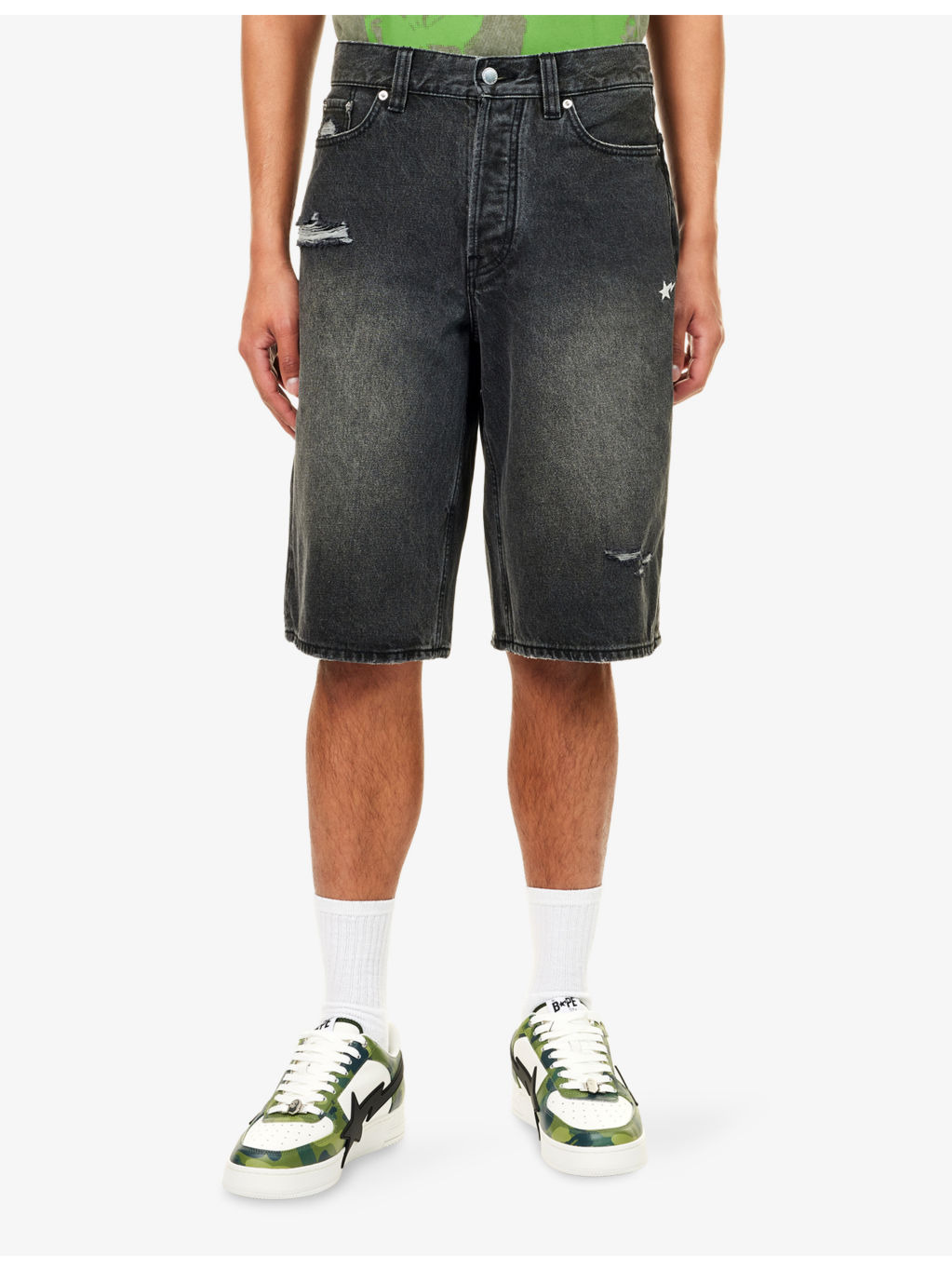 Sta Embroidered Distressed Denim Shorts - 3