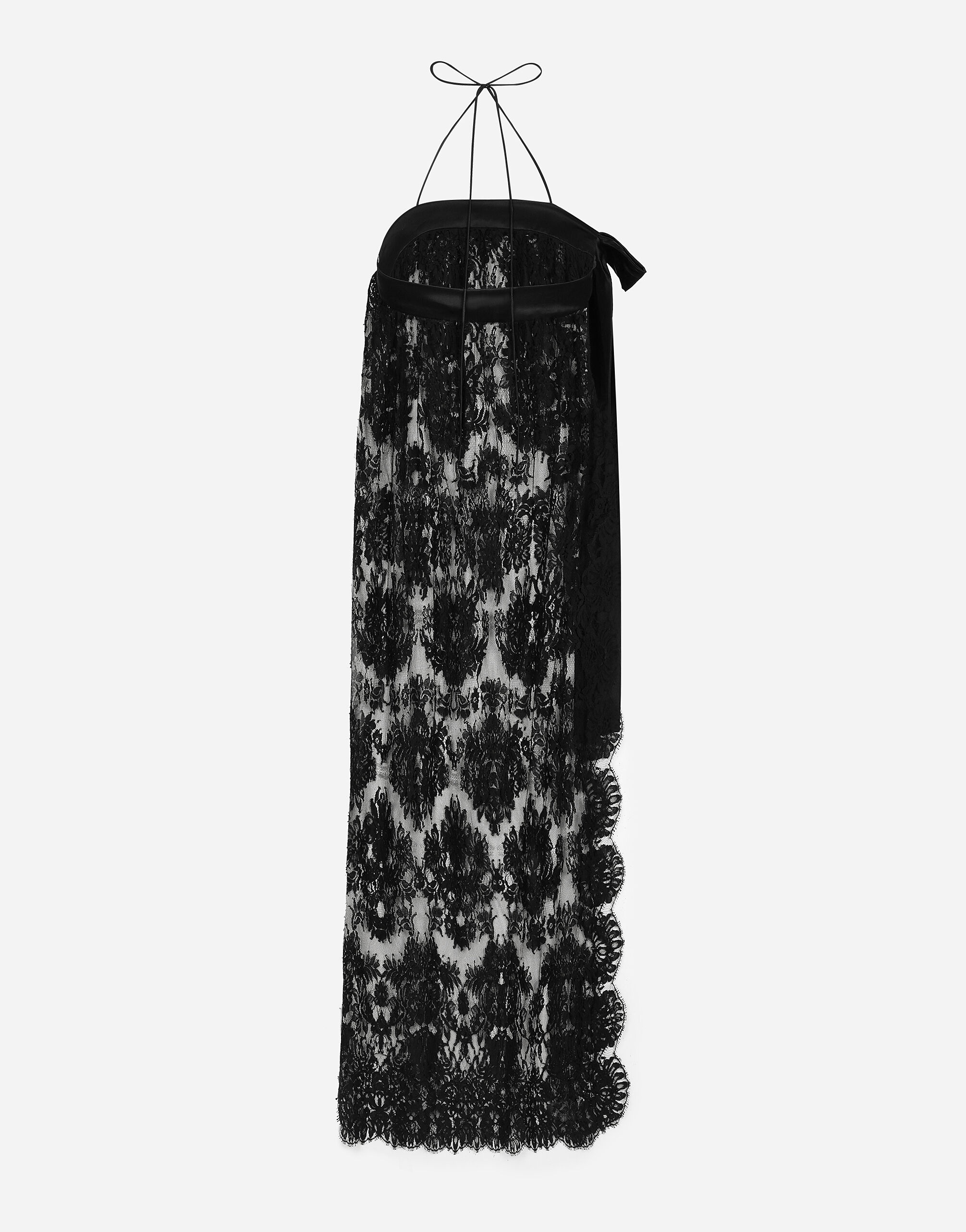 Calf-length Chantilly lace dress with satin details - 2
