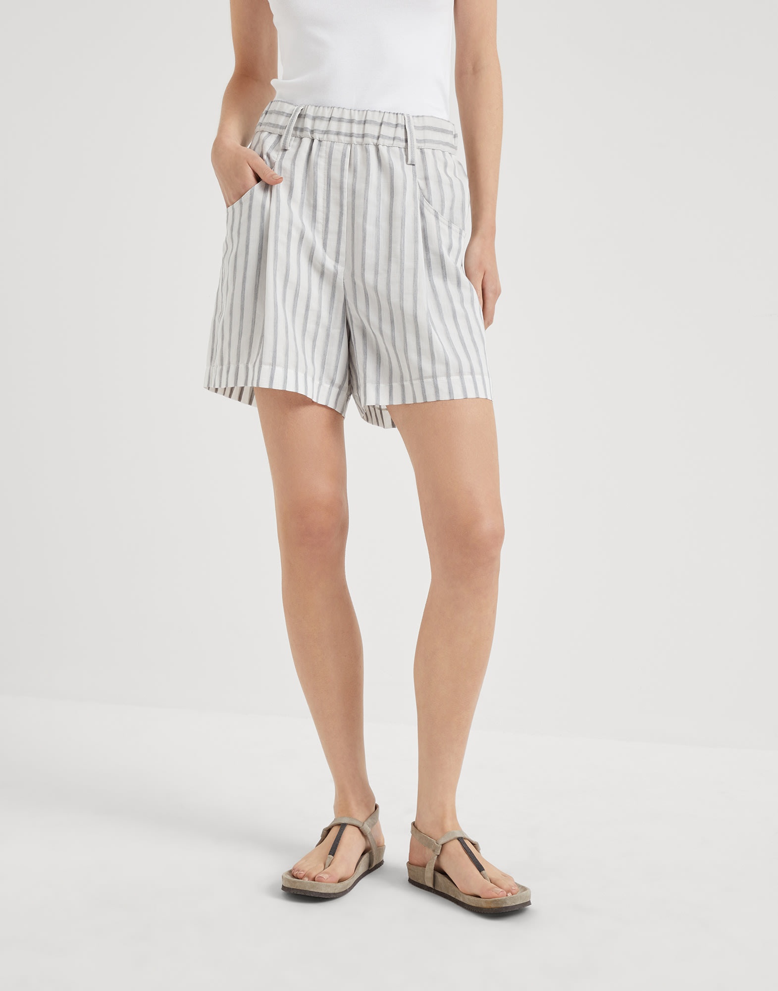 Cotton and silk textured stripe gauze five-pocket shorts with shiny tab - 1