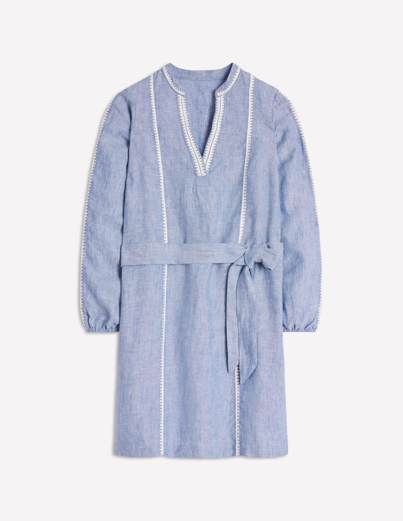 Cleo Linen Tie Waist Dress-Chambray Embroidery 1