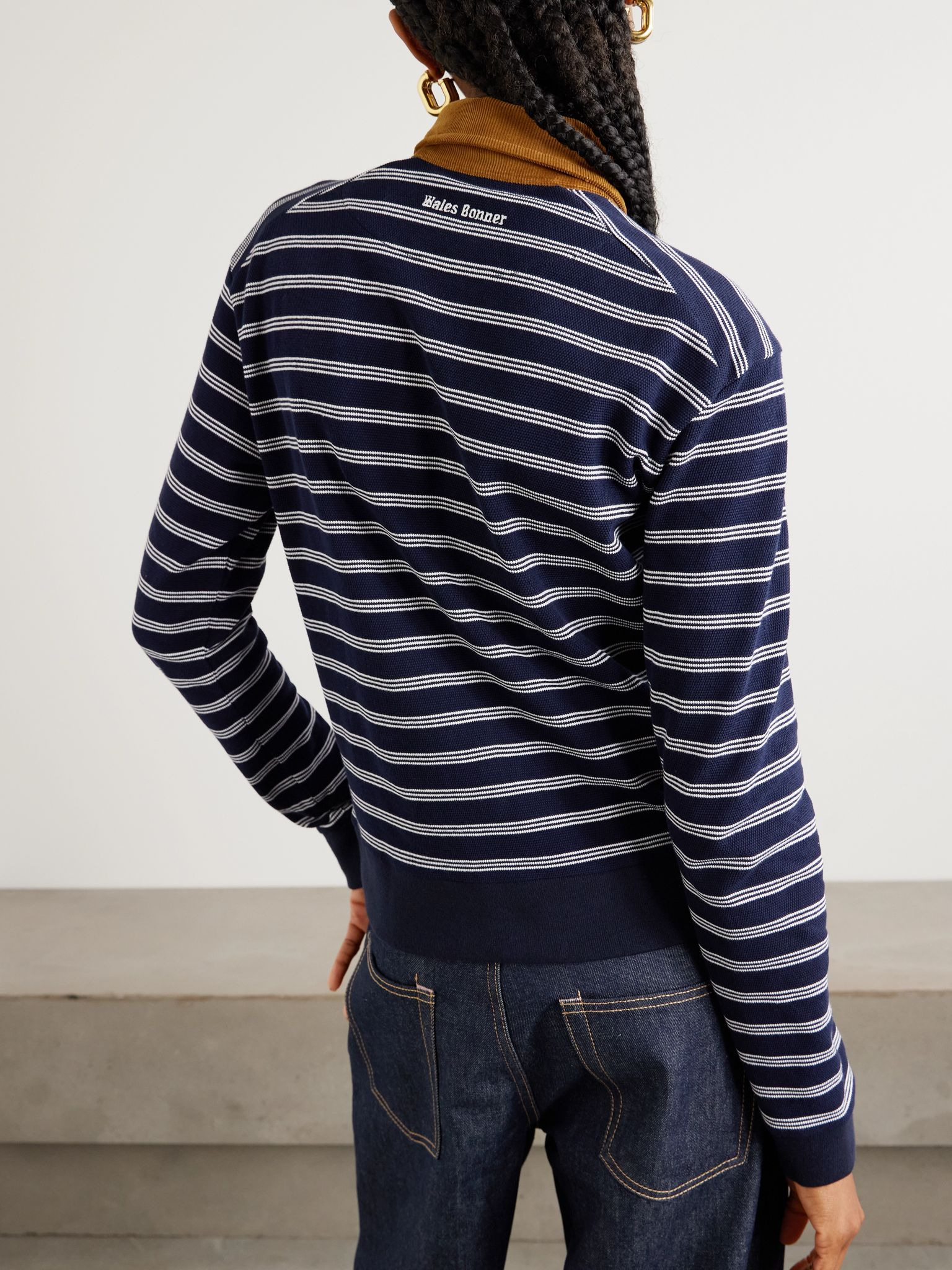 Reflect corduroy-trimmed striped cotton-blend polo shirt Navy - 4